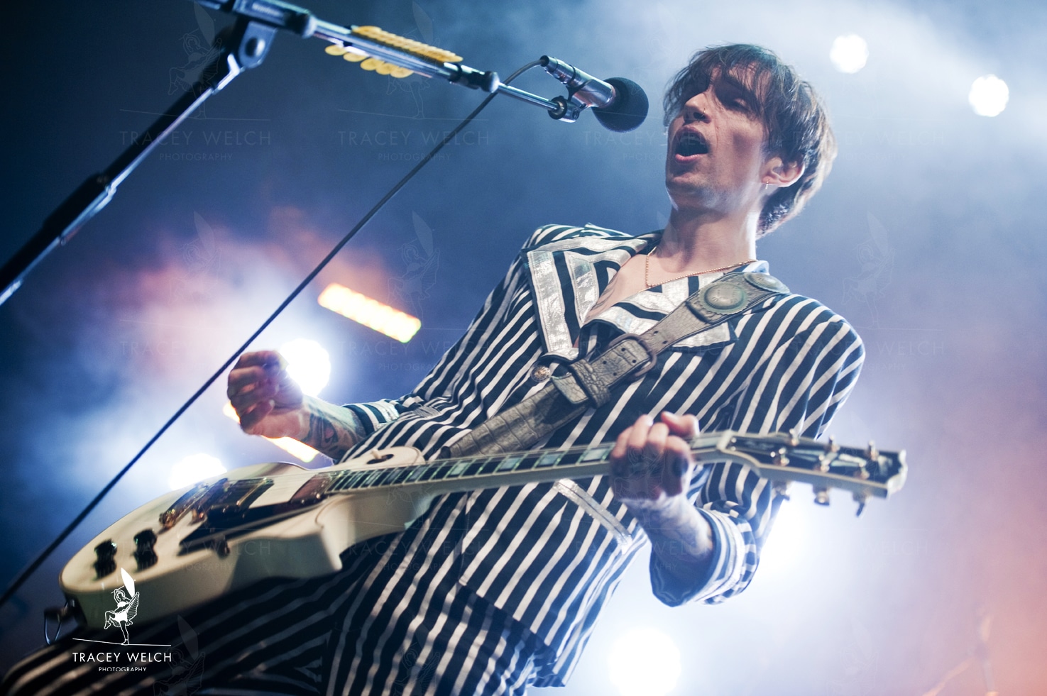 Justin Hawkins, Lead singer and guitarist of the Darkness, live in Leeds at the O2 academy.